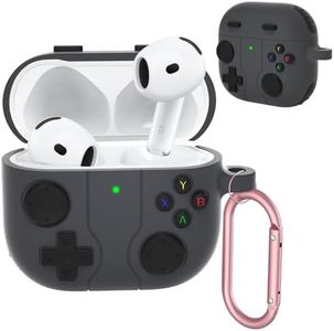 Qoosea Carcasa de Silicona para Apple Airpods 4, Diseño Clásico de Consola de Juego Funda de Silicona con Mosquetón Case [Carga inalámbrica], Cover Compatible con Airpods 4 2024, Gris Oscuro
