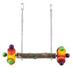 PARROT ESSENTIALS Natural Wood Swing with Double Twirlers - Colourful Wooden Swing for Parrots, Cockatoo, Conure and More - Hanging Toy Pet Swing - Parrot Toy Nest Swing Encourages Foot Exercise