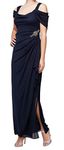 Alex Evenings Women's Long Cold Shoulder Dress, Mother of The Bride, Formal Events, (Petite and Regular Sizes), Beaded Navy, 14 Petite