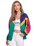 Verdusa Women's Colorblock Zip Up Long Sleeve Collar Windbreaker Jacket Coat, Green Purple Yellow, Large