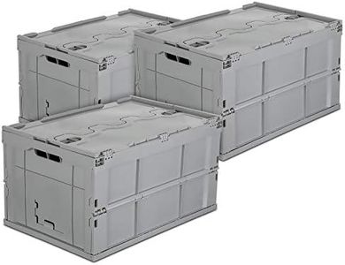 Mount-It! Folding Plastic Storage Crate, PACK OF 3, Collapsible Utility Distribution Container with Attached Lid, 65L Liter Capacity, Gray,