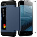 Nvollnoe for iPhone SE 2022 Case with Card Holder and Screen Protector Heavy Duty Protective Dual Layer Shockproof Hidden Card Slot Wallet Case for iPhone SE 3&2/7/8(Dark Blue)