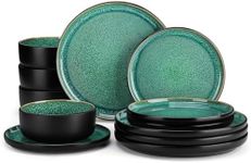 vancasso PLAYA Plates and Bowls Sets, 12 Pieces Stoneware Dinnerware Sets Dishes Set Modern kitchen Dishware Sets Service for 4, Dishwasher and Microwave Safe, Green