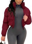 Flygo Women Cropped Quilted Puffer Jacket Winter Fashion Long Sleeve Bubble Short Down Coat(WineRed-M)