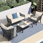 OUTLIVING Garden Sofa Set Outdoor Sofa with Cushions and Center Table | Patio Furniture Set | Garden Backyard Sofa Conversation Sets for Living Room Home Office Balcony (4 Seater- Grey-Off White)