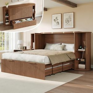 AMERLIFE Queen Murphy Bed with Storage Bedside Shelves & Sliding Tambour Door, Modern Cabinet Bed with Charging Station & Curved Fluted Design for Bedroom/Guest/Home Office, Brown