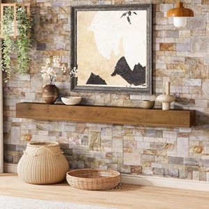 TRIBEWOOD 74.8" Fireplace Mantel Shelf, Wall Mounted Floating Shelves for Wall, Wood Mantel Floating Shelf Storage Display Shelves, Rustic Brown