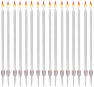 16 Bougies Anniversaire Longues Fines & Supports - Taille 12 cm x 0,5 cm - Couleur Blanc