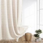 Beige Shower Curtain Cream Extra Long Boho Fabric Shower Curtains for Bathroom Farmhouse Linen Shabby Chic Shower Curtain with Tassels Bohemian Vintage Water Repellent Plaid Shower Curtain Set 72x84