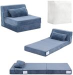 Tiita Folding Sofa Bed for Kids, Quad-Fold Mattress with Pillow, Soft Plush Couch, Portable Storage Bag, Convertible Lounger, for Playroom, Living Room, Guest Room, Blue Grey