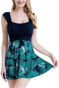 wantdo Women's Plus Size One Piece Swimsuit High Waisted Swimming Dress Green Flower 12-14