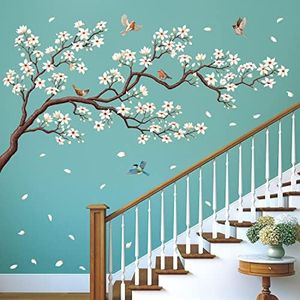 DECOWALL SG-2213 Oriental Flower Tree Wall Stickers Decals White Cherry Blossom Peel and Stick Bedroom Living Room Flower murals décor Floral Bird Furniture Art Removable Nursery Baby Birch