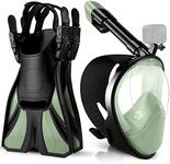 Odoland Snorkeling Packages, Full Face Snorkel Mask for Adults & Youth with Camera Mount, Adjustable Swim Fins, Anti-Fog Anti-Leak Diving Gear for Men Women Teens, Olive Green, L/XL