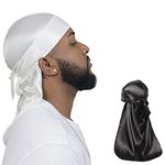 Goodern 2 Pack Silky Durag for Men and Women Waves, Premium Satin Deluxe Du-Rag Wave Cap, Extra Long Tails Do Rags, Elastic Stretchable Hat - White Black