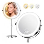 Makeup Mirror with Lights, 1x/20x 360°Rotation Vanity Mirror, Brightness Adjustable Lighted Makeup Mirror with Magnification, 5000 mAh Rechargeable Double Sided Mirror with 3 Colors, Gift for Women