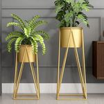 AMASS HANDICRAFTS Planters for Indoor - Outdoor Plants & Modern Metal Floor Tall Plant Stand for Garden, Balcony & Living Room & Mid Century Plant Stands with Pots Set of 2 Flower Pots (Gold)