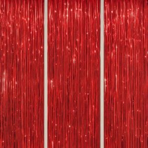 DECOCKRAT 3 Pack Foil Fringe Backdrop - Red Shiny Tinsel Curtains for Party Decoration/Photo Booth Props - 3.3x8.2 FT Metallic Foil Backdrop for Birthday, Wedding, Graduation, Christmas.