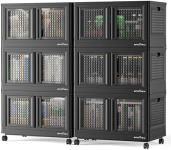 BROVIEW 600Qt Plastic Foldable Storage Bins with Lids & Doors, 150Gal Stackable Closet Organizer and Storage Drawers with Wheels, Collapsible Storage Cabinet, Shelves for Home Kitchen, V10 6Pack Black