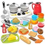 TECHNOK 66PCS Pretend Play Kitchen Toys Cookware with Play Food Toy Set - Pretend Play Toy Kitchen Set - Cooking Stove and Accessories, Tableware Dish Set (4 Persons)