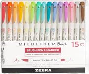 Zebra Pen Mildliner Double Ended Brush Tip Pen & Fine Tip Marker 15/Pkg-Assorted Colors, OSFA