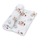 LollyBanks Muslin Swaddle Blanket | 100% Cotton | Newborn and Infant Blanket | Large 47 x 47 inches for Girls | Light Weight and Breathable | Farm Theme Milk Cow Prints