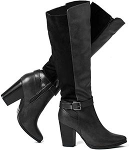 katliu Women's Heeled Knee High Boots Zip Up High Chunky Heeled Boots Black