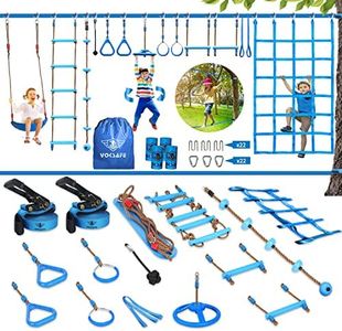 VOKSAFE 56' Weatherproof Ninja Warrior Hanging Obstacle Course Line Backyard Training Equipment Set for Kids, 12 Obstacles, Like Walking Line, Net, Swing