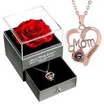 U UQUI Preserved Real Rose with I Love You Heart Necklace 100 Languages, for Mom Women Her Wife Birthday Anniversary, Forever Eternal Flower from Daughter Son, Red Roses