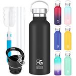 BOGI 20oz Double Wall Vacuum Insulated Stainless Steel Water Bottle-Scratch Resistance&Eco-Friendly for Outdoor Sports Yoga Camping,Straw Flip Cap+Cleaning Brush-1Year Warranty (Black)