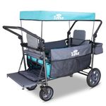 TMZ Collapsible Folding Wagon with Adjustable Handle Bar,Foldable Wagon with Canopy, Pet Stroller with Seats and Seat Belts,Front Expandable Transport Camping Wagon for Picnicking (Turquoise/Grey)