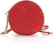 Round Crossbody Bag for Women,PU Leather Shoulder Bag with Metal Chain Strap, Cellphone Purses with Zipper, Red, Medium