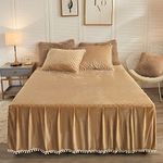 LIFEREVO Luxury Pom Poms Velvet Bed Skirt, 18 Inch Drop Dust Ruffle Bedspread, Diamond Quilted Fitted Bed Sheet with Skirt, Soft Cozy Wrap Around Bed Skirt, Bed Skirt Bedding Decor(Full/Queen, Camel)