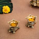 DecorTwist Brass Diya for Puja (1.6 Inch, 400 Grams) Pack of 2 100% Pure Brass Tortoise Panchmukhi Oil Lamp Diya in Gold Antique Finish Diya for Diwali, Pooja Room,Home Temple Diwali Decoration Item