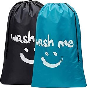 CJWLKJ 2-Pack XL Wash Me Travel Laundry Bag, Machine Washable Dirty Clothes Organizer, Large Enough to Hold 4 Loads of Laundry, Easy Fit a Laundry Hamper or Basket (Black+Sky Blue)