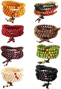 LOYALLOOK 8Pcs 108 Mala Bead Bracelets 8MM Tibetan Buddha Wood Beaded Sandalwood Link Wrist Necklace Chain Bracelets Multilayer Buddhist Prayer Strand Bracelet Meditation Necklace Elastic Chinese Knot