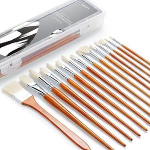 Artify 15 pcs Professional hog Hair Paint Brush Set Perfect for Oil Painting with a Free Carrying Box for Artists and Enthusiast, Beginner, Adults