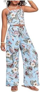 Floerns Girl's 2 Piece Outfit Hawaiian Tropical Crop Cami Tops and Boho Pants Set Pale Blue 10Y