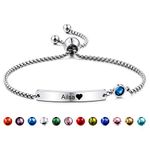 MeMeDIY Personalized Birthstone Bracelets Customized Gift Birthday Engraving for Women Girl Girlfriend Mom Auntie Sister Best Friend Stainless Steel Friendship Adjustable (Silver Color)