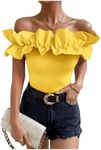 OYOANGLE Women's Ruffle Trim Off Shoulder Short Sleeve Blouse Party Tops Shirt Yellow X-Large