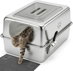 Ptlom Enclosed Stainless Steel Litter Box for Large Cats, Leak-Proof Metal Cat Toilet with Lid, Ventilated Top Opening Covered Cat Pan High Sided Walls, Scoop & Litter Mat, 27.7" x 19.8" x 15.1"