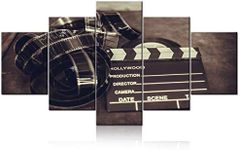 Black Canvas Wall Art Clap Cinema Equipment Artwork 5 Panels Paintings for Living Room Preparations for Shooting Movie Pictures Home Decor Wooden Framed Ready to Hang Posters and Prints(60''Wx32''H)