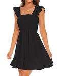 ROYLAMP Women's Smocked Dresses Square Neck Elegant Tiered Boho Ruffle Shoulder Swing Flowy Summer Casual Mini Dress Black XL