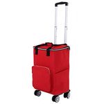 Falytemow Collapsible Utility Cart with Insulation Bag Foldable Reusable Shopping Trolley Bag with Wheels and Telescoping Handle Waterproof Oxford Fabric Folding Grocery Cart (Red)