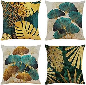 Sweetwill Set of 4 Decorative Cushion Covers 45 x 45 Linen Jungle Throw Pillow Cases Gold Turquoise Farmhouse Natural Cushion Covers 18x18 Sofa Cushions Modern Living Room Outdoor Garden