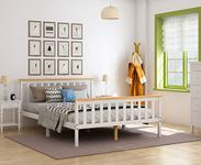 Panana 3FT Single Bed Frame Pine Wood Bed with Slats Bed for Kids (White+Wood, Double)