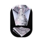 HISDERN Floral Paisley Wedding Party Prom Tie Handkerchief Men's Necktie & Pocket Square Set, One Size, Gray / Pink