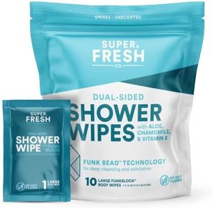 Super Fresh FunkBlock Shower Wipes - Large Body Wipes for Hygiene, Camping Wipes, Gym & Travel. No Rinse Bathing Wipes with Aloe & Vitamin E. Unscented. Bag of (10) Individually Wrapped Wipes