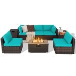 Tangkula 8 Piece Outdoor Wicker Sofa Set, Patio Rattan Conversation Set w/32” Propane Fire Pit Table & Tank Holder, 40,000 BTU Heat Output, Cozy Seat & Back Cushions, Fire Pit PVC Cover (Turquoise)