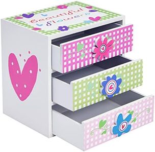 Small Floral Jewelry Box for Little Girls Ages 4-13 - Kids Wooden Organizer with 3 Drawers for Necklaces and Earrings