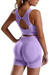 Workout Yoga Outfits for Women 2 Piece Seamless Ribbed High Waist Shorts Womens Tracksuits with Sports Bra Exercise Set